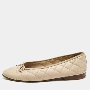 Chanel Beige Quilted Leather CC Bow Ballet Flats Size 37.5