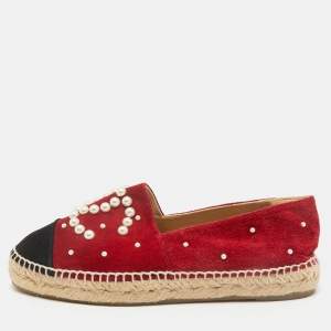Chanel Red/Black Suede Faux Pearl CC Cap Toe Espadrille Flats Size 36