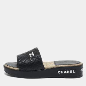 Chanel Black Quilted Leather CC Espadrille Platform Slide Sandals Size 40