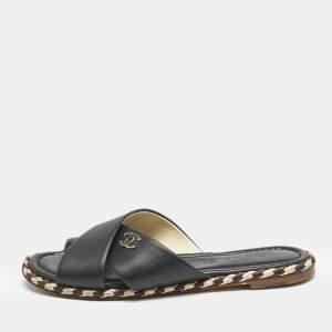 Chanel Black Leather Braided Trim Criss Cross CC Flat Slide Sandals Size 36