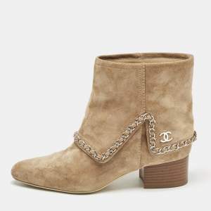 Chanel Brown Suede Chain Embellished Ankle Length Boots Size 38