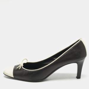 Chanel Black/White Leather Bow CC Cap Toe Pumps Size 37.5