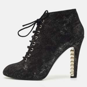 Chanel Black/Silver Suede Pearl Heel Lace Up Booties Size 41
