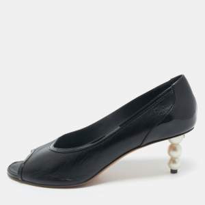 Chanel Black Patent and Leather CC Faux Pearl Peep Toe Pumps Size 40