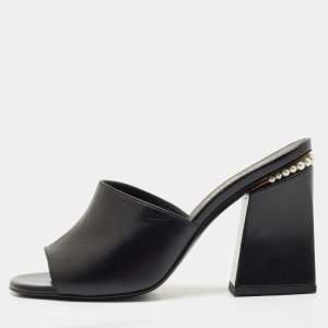Chanel Black Leather Pearl Embellished Slide Sandals Size 40