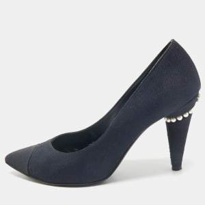 Chanel Navy Blue Canvas Embellished Pointed Toe Pumps Size 38                     