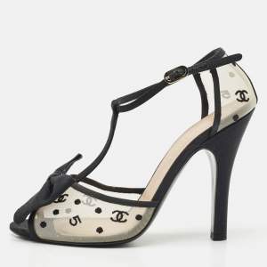 Chanel Beige/Black Mesh and Grosgrain Bow Ankle Strap Sandals Size 38.5