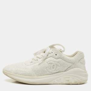 Chanel White Sequin and Leather CC Low Top Sneakers Size 38.5