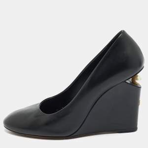 Chanel Black Leather Pearl Embellished Wedge Round Toe Pumps Size 38