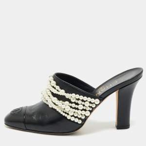  Chanel Black Leather Pearl Embellished Block Heel Slide Sandals Size 36