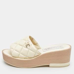 Chanel Cream Quilted Leather CC Platform Sandals Size 37