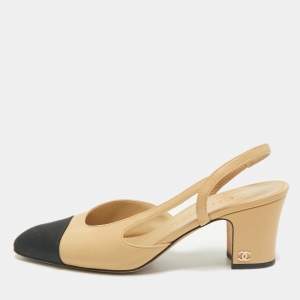 Chanel Beige/Black Leather And Canvas  CC Cap Toe Slingback Sandals Size 35.5