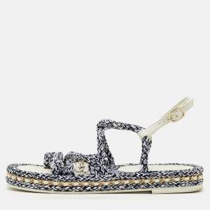 Chanel White/Black Rope and Leather CC Ankle Strap Sandals Size 41
