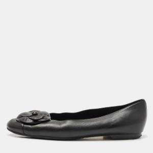  Chanel Black Leather CC Camellia Ballet Flats Size 41