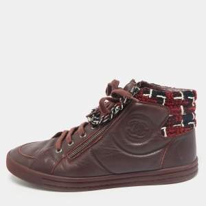 Chanel Burgundy Leather and Twee CC High Top Sneakers Size 41