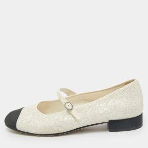 Chanel White/Black Glitter and Grosgrain Mary Jane Ballet Flats Size 39