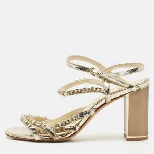 Chanel Gold Leather Chain Embellished Ankle Strap Sandals Size 39.5