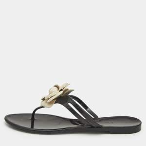 Chanel Black Jelly Camellia Embellished CC Thong Flat Slides Size 39