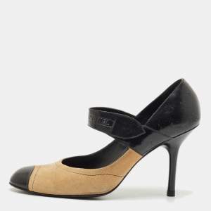 Chanel Beige/Black Suede and Patent Leather Cap Toe Mary Jane Pumps Size 39.5
