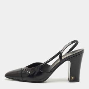 Pre Owned Chanel Black Leather CC Block Heel Slingback Pumps Size 39.5