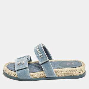 Chanel Blue Velvet CC Espadrille Slide Sandals Size 38