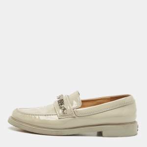 Chanel  Grey Patent Leather Interlocking CC Logo Slip On Loafers Size 38.5