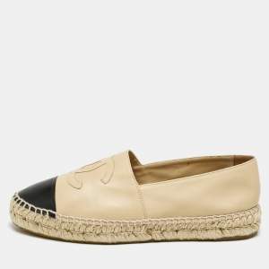 Chanel Beige/Black Leather Logo CC Cap Toe Espadrille Flats Size 40