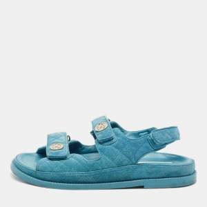 Chanel Blue Quilted Suede Dad Flat Sandals Size 38.5