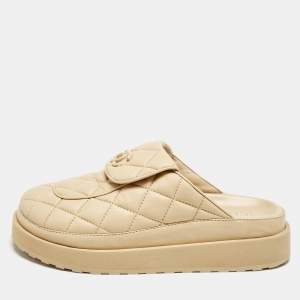 Chanel Beige Quilted Leather CC Turnlock Platform Mules Size 39