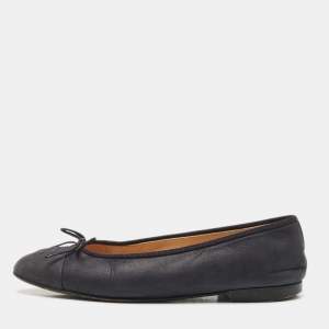 Chanel Black Leather CC Cap Toe Bow Ballet Flats Size 39