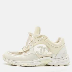 Chanel Grey/Cream Leather and PVC CC Low Top Sneakers Size 41