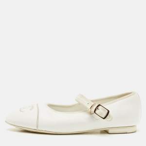 Chanel White Leather and Velvet CC Cap Toe Ballet Flats Size 39