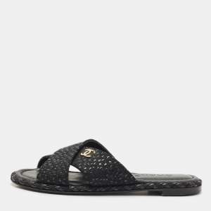 Chanel Black Glitter Fabric Crisscross CC Flat Slide Flats Size 35