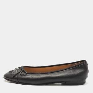 Chanel Black Leather and Patent Cap Toe CC Bow Ballet Flats Size 35