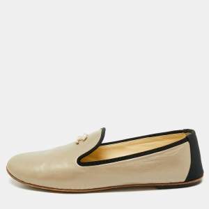 Chanel Light Gold/Black Leather and Fabric CC Pearl Smoking Slippers Size 40