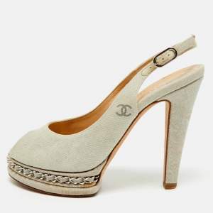 Chanel Grey Canvas Peep Toe Slingback Platform Sandals Size 37.5