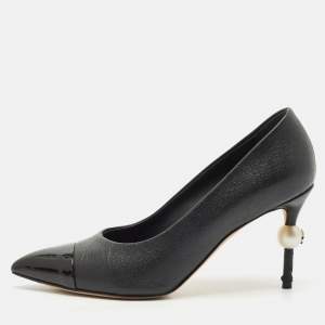 Chanel Black Patent and Leather Cap Toe Pearl Pumps Size 36.5