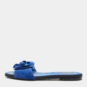 Chanel  Blue Suede Camellia Flat Slides Size 38
