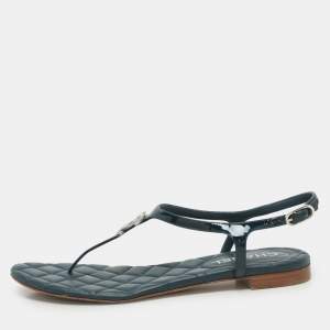 Chanel Blue Patent Leather Embellished CC Flat Sandals Size 37.5
