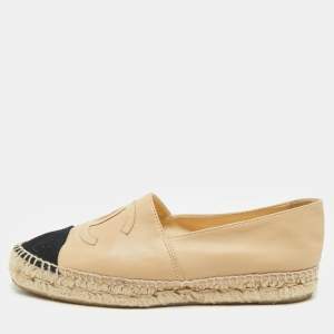 Chanel Beige/Black Fabric and Leather CC Logo Espadrilles Size 38