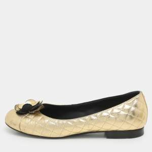 Chanel Gold Leather Camelia CC Ballet Flats Size 37.5