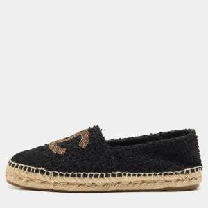 Chanel Black/Gold Tweed CC Cap Toe Espadrille Flats Size 39