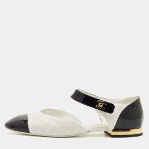 Chanel Black/White Quilted Patent and Leather CC Turnlock Ballet Flats Size 41