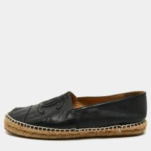 مملوكة مسبقًا Chanel Black Leather CC Cap Toe Espadrille Flats Size 39