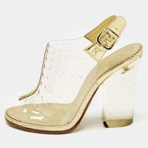 Chanel Gold/Transparent PVC and Leather Block Heel Slingback Sandals Size 37.5 