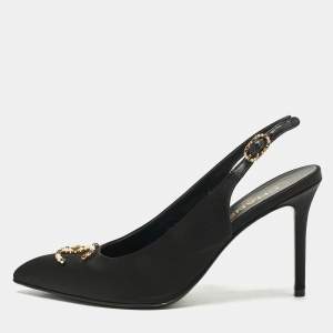 Chanel Black Satin CC Embellished Slingback Pumps Size 40