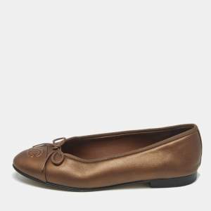 Pre Owned Chanel Bronze Leather CC Cap Toe Bow Ballet Flats Size 37.5