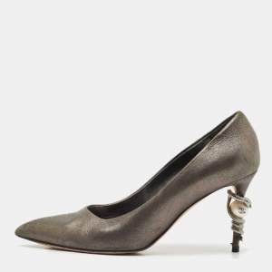 Pre Owned Chanel Metallic Grey Leather Snake Embellished Heel Pumps Size 38.5