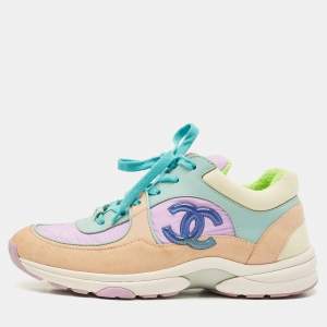 Pre Owned Chanel Multicolor Nylon, Leather and Suede CC Low Top Sneakers Size 38.5