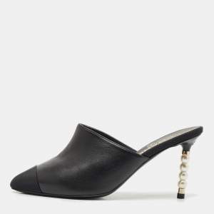 Chanel Black Leather and Fabric Cap Toe CC Pearl Embellished Mules Size 35.5